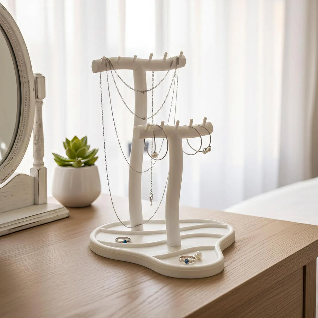 Modern Jewelry Stand with Hooks – Necklace & Ring Organizer