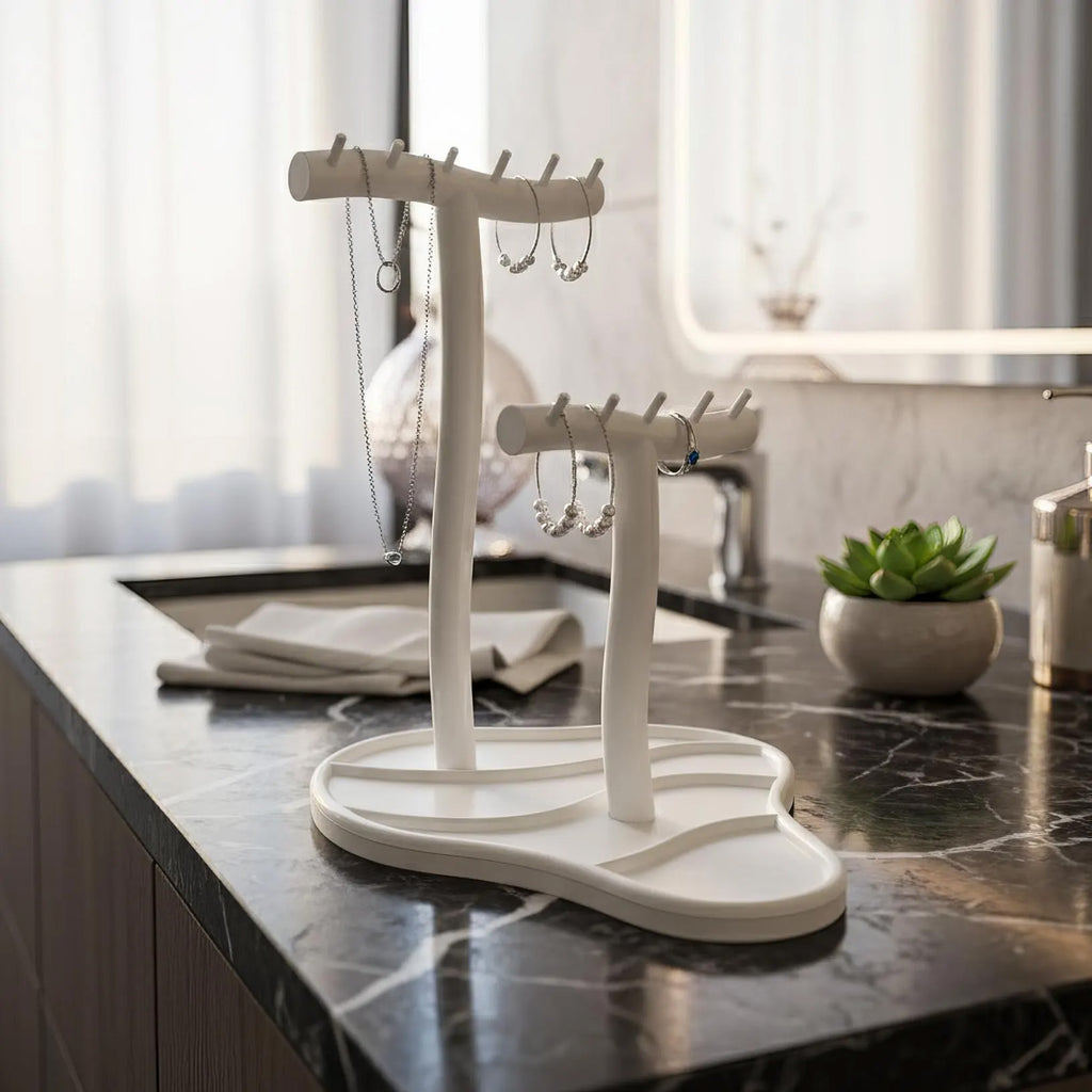 Modern Jewelry Stand with Hooks – Necklace & Ring Organizer