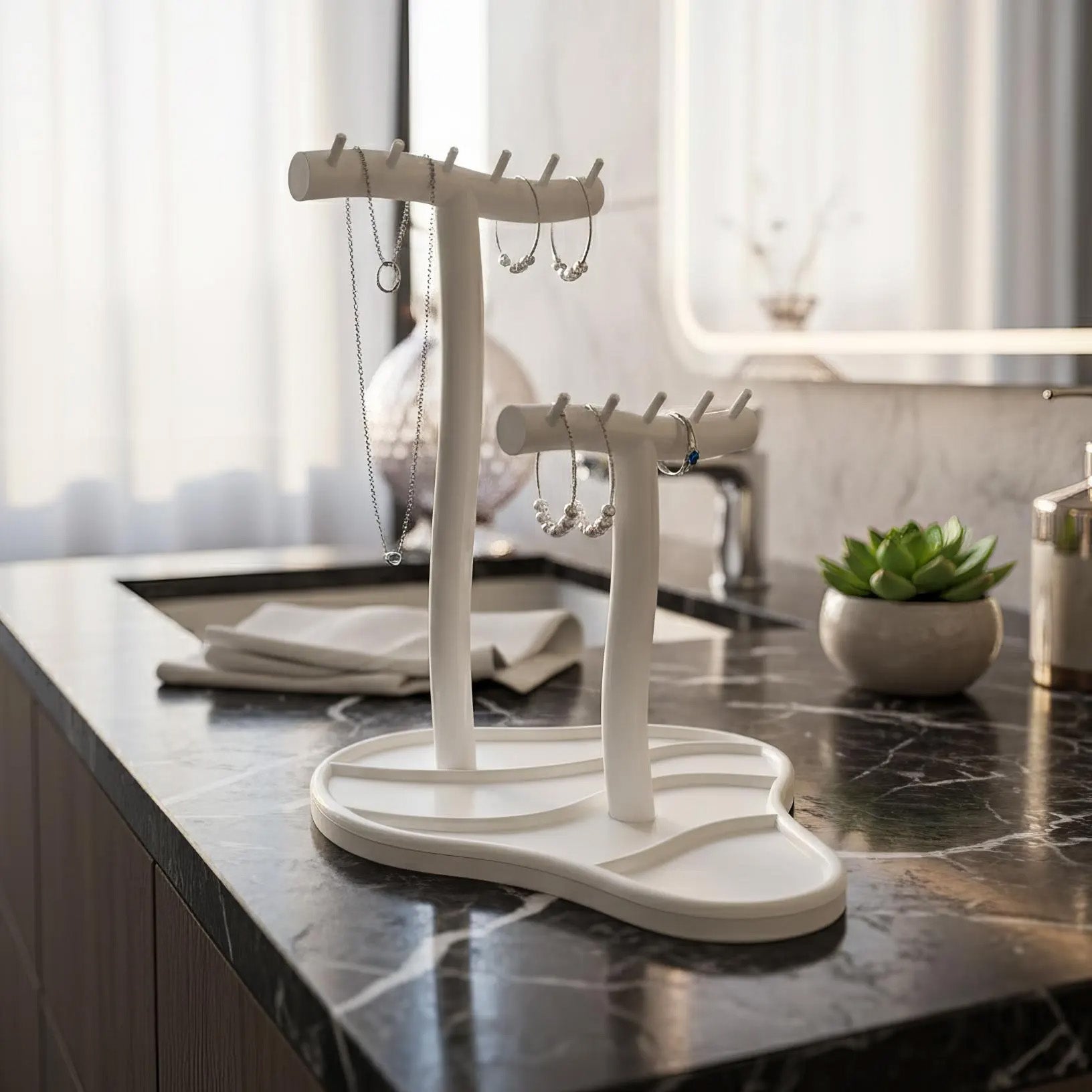 Modern Jewelry Stand with Hooks – Necklace & Ring Organizer