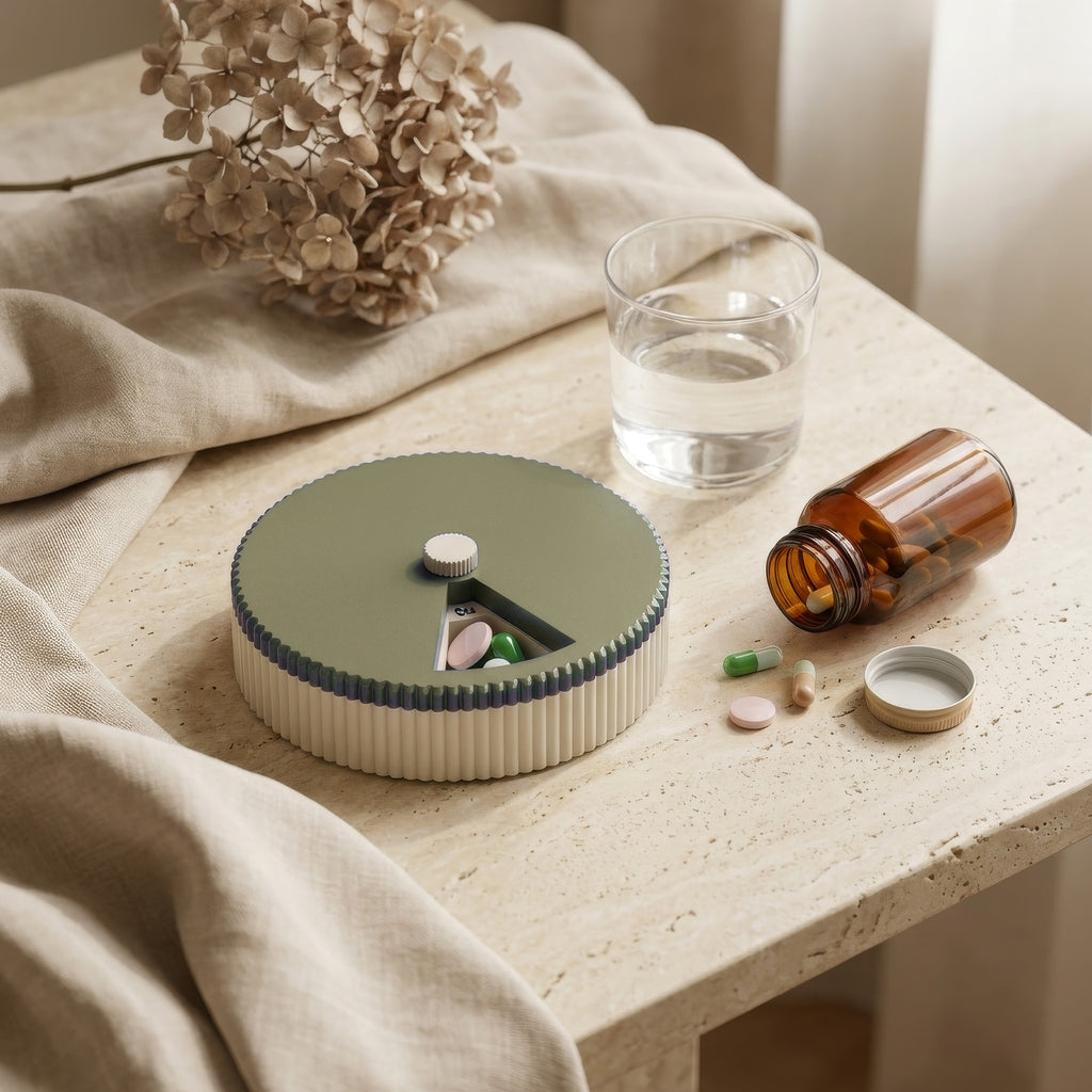 Personalized Round Pill Organizer – 7-Day Rotating Weekly Case