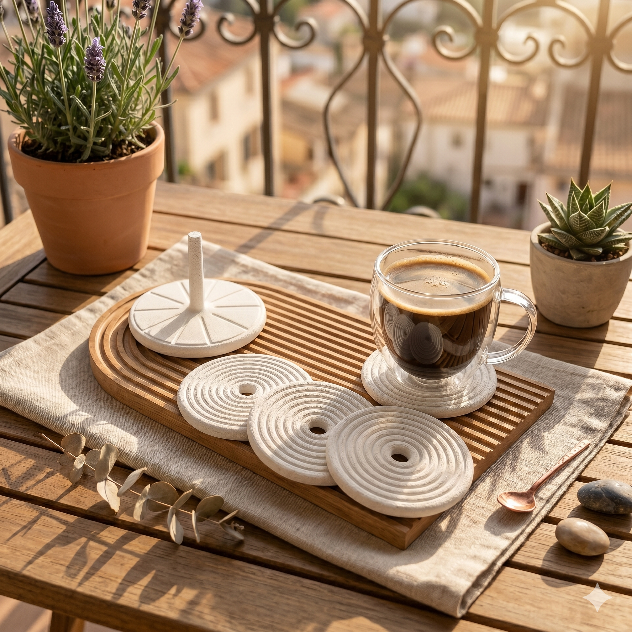 Modern Coaster Set with Holder – Spiral Design, Set of 4