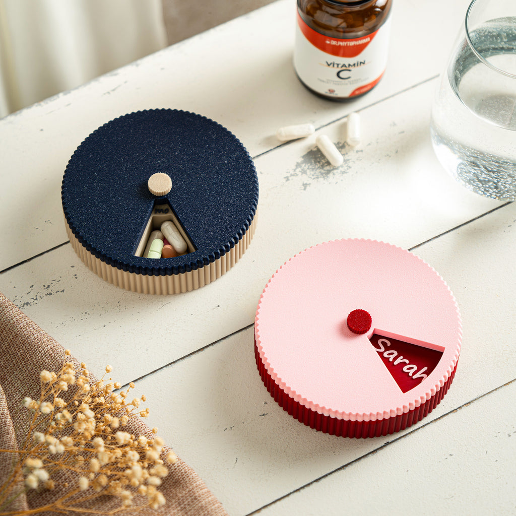 Personalized Round Pill Organizer – 7-Day Rotating Weekly Case