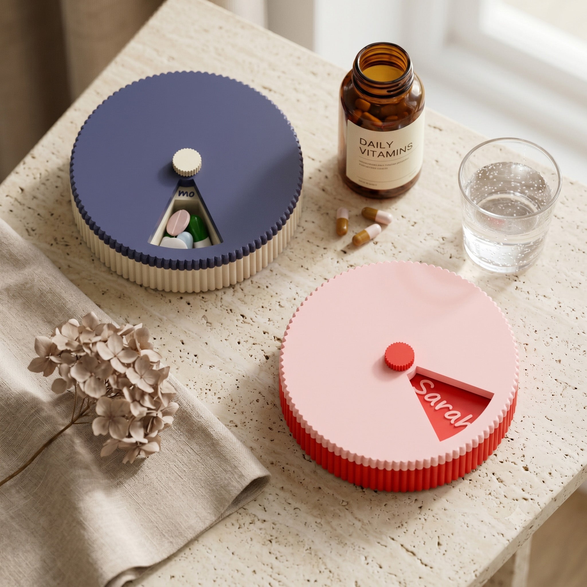 Personalized Round Pill Organizer – 7-Day Rotating Weekly Case