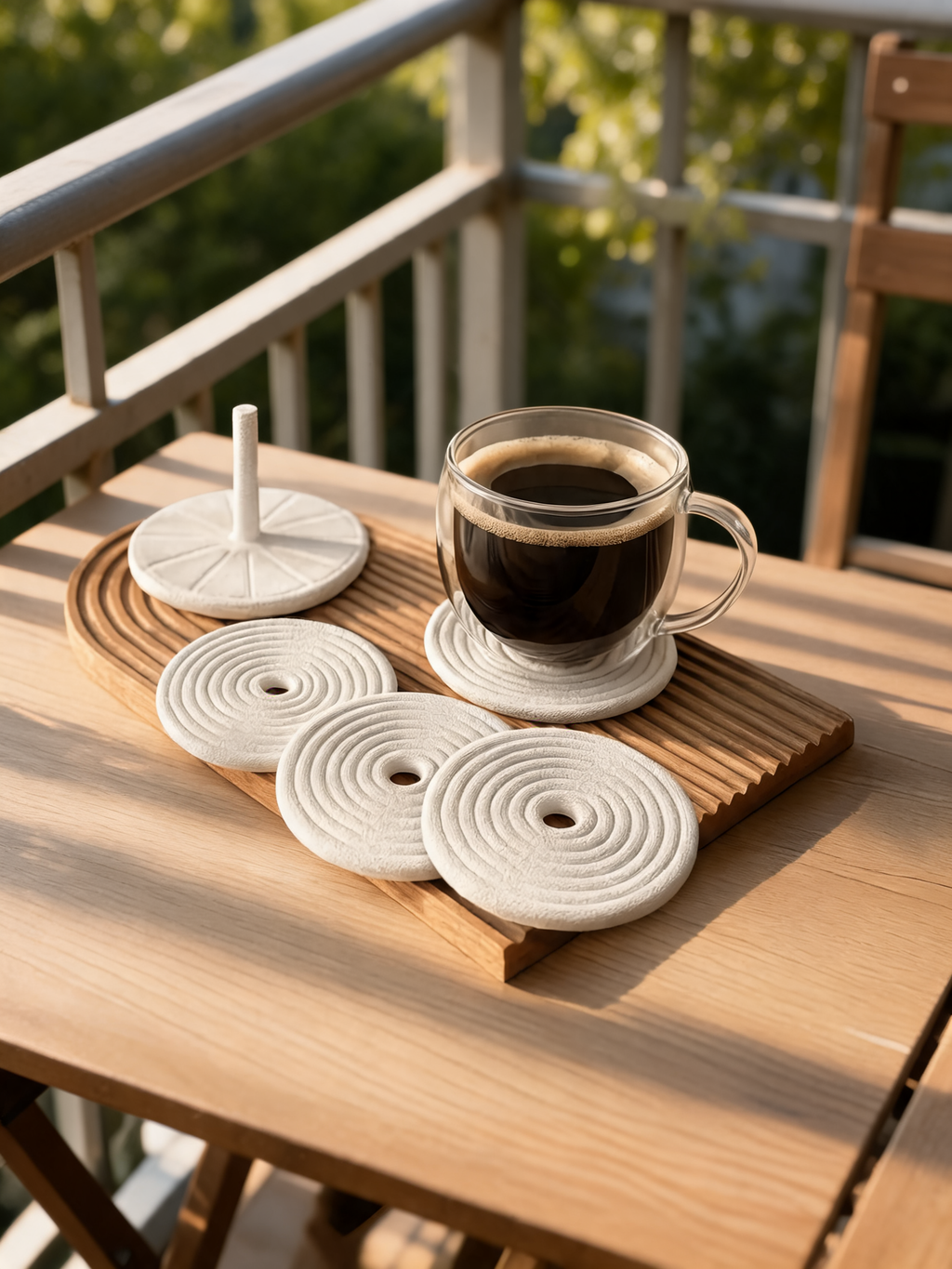 Modern Coaster Set with Holder – Spiral Design, Set of 4